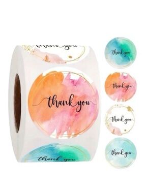 500pcs Assorted Round 1” Watercolor Thank You Stickers Roll NEW